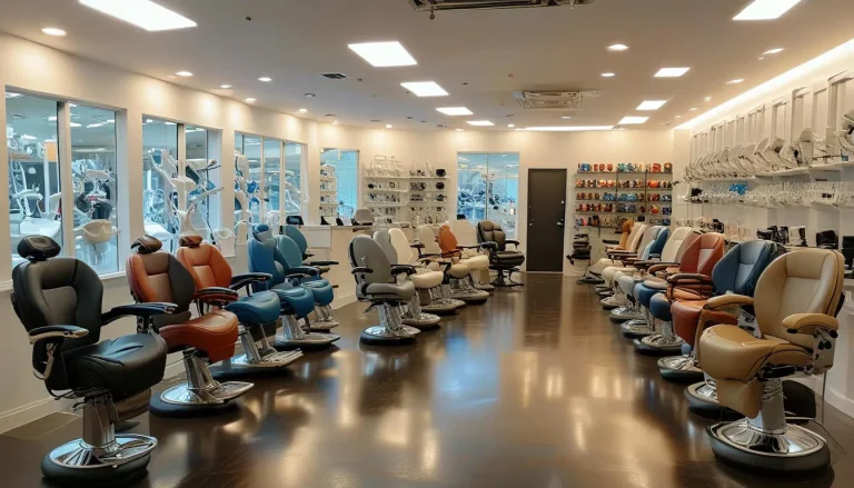 Different medical tables/chairs in a showroom