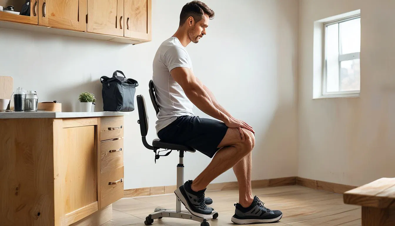 man is using the saddle stool in a small living area