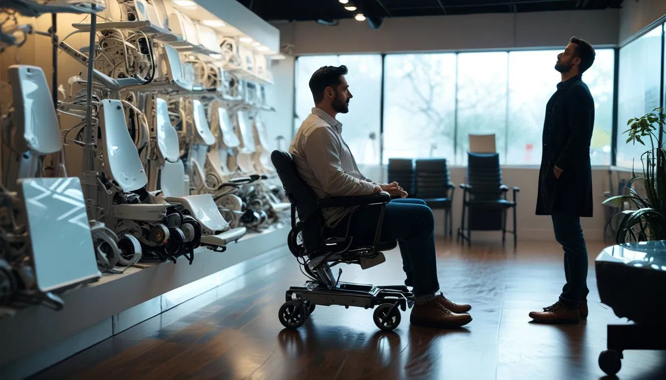 one man standing in front of man sitting on a chair is looking at the medical chairs 