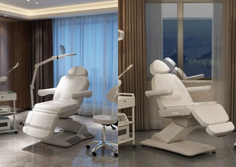 comparison of medical exam table on the left side and treatment table on the right side